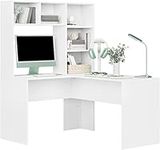 FirFurd L-Shaped Computer Desk White Computer Workstation with Storage Shelves Wooden Office Study Table Corner Desk 107.8x124.7x152.5cm