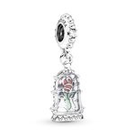 Pandora Disney Beauty and The Beast rose sterling silver dangle with clear cubic zirconia, transparent light blue Murano glass, red and green enamel