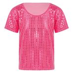 TACKTIMES Girls Boys Shiny Dance Tops Shirt Glitter Sparkle Party Disco Tee Shirt Blouse for Dancing Performance Costume (Rose Red, 6-10)