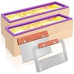 Walfos Silicone Soap Mold - 2PCS Flexible Rectangular Loaf Mold Comes with Wood Box, Stainless Steel Wavy + Straight Scraper for CP and MP Soaps Making Supplies