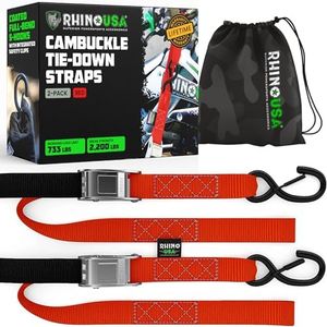 Rhino USA Motorcycle Tie Down Straps (2 Pack) Lab Tested 3,328lb Break Strength, Steel Cambuckle Tiedown Set with Integrated Soft Loops - Better Than a Ratchet Strap (Red 2-Pack)