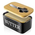 Dyserbuy Large Butter Dish with Lid and Knife, Porcelain Butter Container with Double Silicone Seals Cover, Ceramic Butter Keeper for Countertop, Perfect for East West Coast Butter, 650ml (Black)