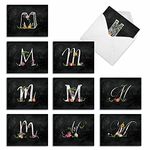 Assortment of Blank Greeting Cards with Envelopes (Boxed set of 10) - ‘M Chalk and Roses' Blank Note Cards 4 x 5.12 inch for all Occasions M3808OCB-B1x10