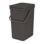 Brabantia Sort & Go Kitchen Recycling Bin (16L / Grey) Stackable Waste Organiser with Handle & Removable Lid, Easy Clean, Fixtures included for Wall/Cupboard Mounting