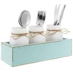 MyGift Vintage Blue Wood Flatware Holder with Painted White Mason Jars Farmhouse Decor, Dining Table Centerpiece Silverware Caddy, 4 Piece Set