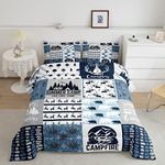 Erosebridal Happy Camping Bedding Set Queen Size for Boys Kids Teens, Camper Duvet Insert, Rustic Farmhouse Style Comforter Set, Sketch Drawing Camper Bedding, Camping Car Down Comforter, Blue