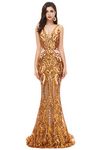 Ikerenwedding Women's V-Neck Sequins Sleeveless Lace-up Mermaid Evening Dress (US26W, Gold)