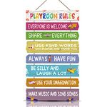 KAIRNE Playroom Rules Wood Sign Hanging Wall Art,Everyone is Welcome Inspirational Quotes Wall Decor for Kids Room,Colorful Rainbow Color Wooden Plaque for Childrens Bedroom Decoration