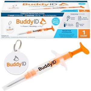 BuddyID Complete Protection System, ISO Microchip with Pre-Paid Lifetime Registration, BuddyBadge® QR Collar Tag, No Annual Fees, SearchALERTS & SafePlaces Access, 1 Count