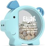 Summidate Wooden Piggy Bank for Boys Girls Kids Toddler Adults Large Unbreakable Bills Coin Change Money Saving Jar Children Personalized Gift Nursery Decor (Blue Piggy Bank, Customize)