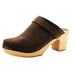 BJORK Swedish Comfort Women's Tia Mid-Heel Wooden Leather Clogs, Brown, 10