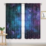 Cinbloo Outer Space Galaxy Kitchen Curtains Rod Pocket 55(W) x 39(L) Inch Universe Blue Psychedelic Planet Nebula Starry Sky Astronomic Art Short Design Print Window Drapes 2 Panel Set