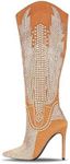 Knee High Cowboy Boots Women Western Wide Calf Rhinestone Cowgirl Boots for Women with Stiletto Heels Fashion Dress Boots for Women (Olkley) Tan 7.5