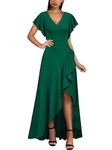 MIUSOL Women's Elegant V-Neck Ruffle Short Flutter Sleeves Empire Waist Split Evening Party Long Dress (Medium, Dark Green)