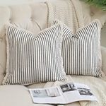 Hckot Throw Pillow Covers 18x18 Set of 2 Striped Pillow Covers with Fringe Chic Cotton Decorative Pillows Square Cushion Covers for Sofa Couch Bed Living Room Farmhouse Decor,Navy Blue, HKPW5504