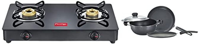 Prestige IRIS LPG Gas Stove, 2 Burner, Black, Powder coater Mild Steel with Glass Top, Manual & Omega Select Plus Residue Free Non-Stick Kitchen Set, 3-Pieces, black/Silver, Aluminium