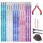 Goabroa Hair Tinsel Kit with Tools, 47 Inches 5 Colors 2550 Strands Heat Resistant Glitter Hair Extensions, Sparkling Shiny Fairy Hair Tinsel (Lake Blue, Royal Blue, Pink, Purple, Silver)