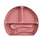 SAEKOS Silicone Baby Tableware Set with Spoon, Fork Silicone Plate for Baby Feeding Dinner Plate Sets for Kids Dining Set for Toddler 6+ Months Age (Red)