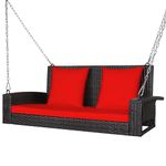 DORTALA Hanging Porch Swing, 2-Person Outdoor Wicker Swing Chair Bench with Cushions, 7.9Ft Steel Chains for Garden, Backyard, Deck & Poolside, Red