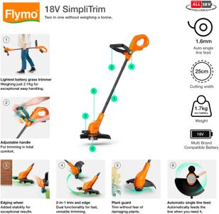 Flymo 18V Cordless Grass Trimmer – SimpliTrim 250, Lightweight Lawn Edger, Orange