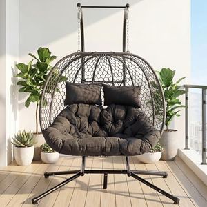 DAYAOUTDOOR Double Egg Chair with Stand for 2 Persons, Oversized Patio Hanging Basket Chair, Honeycomb Wicker Swing Chair with Thick Cushions & Headrests, 800LBS Heavy Duty Indoor Outdoor, Dark Grey
