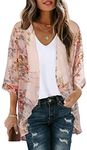 Womens Floral Print Kimono Chiffon Cardigan Casual Flowy Jackets Clothing(Flowers Pink, L)