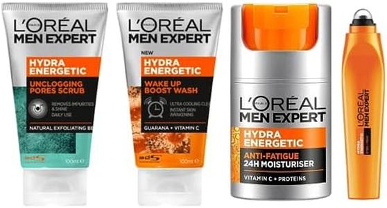 L'Oréal Paris Men Expert, Hydra Energetic Skincare For Men, For Dry and Tired Skin, With Vitamin C, Routine Bundle - Face Scrub 100ml, Face Wash 100ml & Face Moisturiser 50ml & Eye-Roll On 10ml