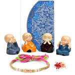 To The Nines Rakhi Gift Set For Brother [Gift Combo - Rakhi With Cute Polynesin Monk Statue Set Of 4, Tilak Material & Greeting Card], Fantasy, Multicolour