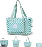 WOOMADA Foldable Travel Duffel Bag, Weekender Bags for Women, Tote Bag with Expandable Space, Carry on bags for airplanes with Wet Pocket & Trolley Sleeve, Gym Bag for Women (turquoise checkerboard)