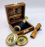 Qarzun Captain Jack Sparrow Brass Compass Antique Map with Mini 2 fold Telescope in Wood Box for Pirates Lovers