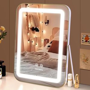 Vanity Mirror with Lights, 13.8" x 10.6"Light Up Makeup Mirror, LED Makeup Mirror with Lights for Bedroom Tabletop, Smart Touch Control 3 Colors Dimmable, 360° Rotation