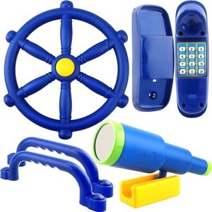 5 Pcs Kids Playground Accessories for Kids Outdoor Plastic Steering Wheel Swingset Phone Pirate Telescope Telephone Safety Handle for Child Backyard Tree House Playhouse Jungle Gym (Blue Set 1)