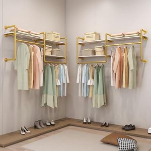 EDCB Industrial Pipe Clothing Rack Wall Mounted - Heavy Duty 2-Tier Closet Organizer with Wood Shelves & Dual Hanging Rods for Bedroom/Retail Store, Gold