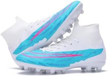 JUNNMRE Unisex Soccer Cleats for Mens Womens Football Cleats High-top Indoor/Outdoor Training Soccer Shoes, White Blue, 6.5 Women/5.5 Men