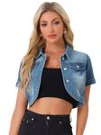 Allegra K Denim Jacket for Women's Short Sleeves Crop Jean Jackets Denim Blue Medium