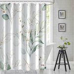 Sage Green Eucalyptus Shower Curtain, Spring Plant Leaves Shower Curtain Waterproof Fabric Watercolor Green and Gold Shower Curtain Set with Hooks, 72x72 Inch