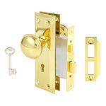 Toptotoo Mortise Lock Set for Interior Door, Vintage Antique Gold Door Knobs with Lock and Skeleton Key, Old Door Knob Replacement Fits 1-3/8 in 1-3/4 in, Polished Brass Finish