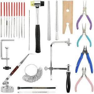 UCEHIPAW Jewelers Tools Set with Ring Sizer Mandrel Measuring Tool, 144 Blades Saw Frame, Third Hand Tweezers, Multipurpose Needle File, Wooden Ring Clamp, Mallet Hammer, for Jewelry Making and Repair