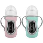 Beautyflier Set of 2 Reusable Glass Baby Bottle Insulator Adjustable Sleeves with Double Handles Neoprene Holder for Philips Avent Natural (8-9 Ounce, Pink+Green)