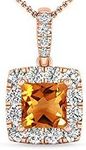 Inspereza Princess cut Citrine and White Diamond Halo Pendant in 14kt Rose gold(5.0 mm Citrine)