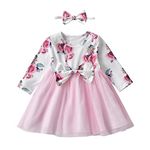 Infant Girl Dress Floral Print Tulle Casual Long Sleeve Bow Dress Pink（6-9 Months）