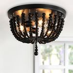 Black 14.1 inch Boho Chandelier Wood Beaded Chandelier Light Fixture Bohemia Draped Bead Chandelier Flush Mount Ceiling Light Fixture for Dinning Room Bedroom Hallway
