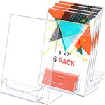 6 Pcs Acrylic Slanted Sign Holder with Business Card Holders Clear Display Stand Flyer Stand with Gift Card Holder Slanted Paper Holder for Office Table Advertisement Brochure (5 x 7 Inch)