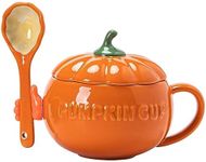 Eplze YBK Tech Cute Pumpkin Cup, Ceramic Coffee Mug, 8.5oz Tea Cup with Lid (Cup+ Spoon+ Silicone Hand (Peel and Stick))