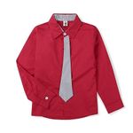 OCHENTA Boys' Long Sleeve Button Down Dress Shirt with Necktie Formal Tops School Uniform Red Tag 150CM - 8-9 Years