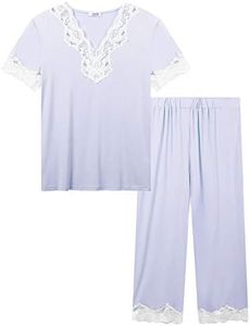 95% Viscose Lady PJ Set Lace V-Neck Short Sleeve Tops with Capris Two Piece Jersey Knit Women Cute Pyjamas (Light Purple/Lavender, XXL)