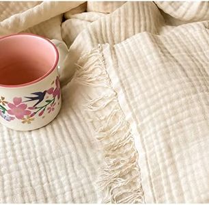 KyraHome 100% Organic Cotton 60"x80" Large Muslin Throw Blanket for Couch, Adult, Hand Dyed Pre-Washed, Breathable Soft Lightweight Gauze Blanket, All Season (Light Beige/Creamy)