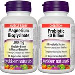 Webber Naturals Magnesium Bisglycinate 200 mg (60 Capsules) + Probiotic 30 Billion Active Cells (8 Strains, 30 Capsules) Bundle