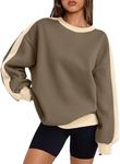 Trendy Queen Womens Oversized Sweatshirts Crewneck Hoodies Color Block Long Sleeve Pullover Fall Cute Y2K Tops Fleece Winter Fashion Clothes Travel Outfits GrayishOlive L