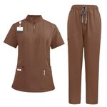 Scrub Set Soft Top and Joggers Pant for Pet Groomer Beauty Salon SPA Cosmetology, Brown, S